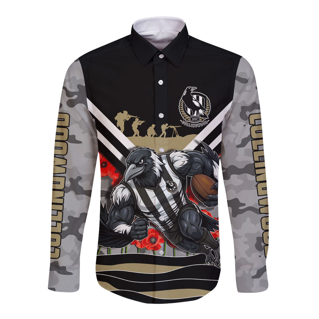 Personalised Collingwood Magpies ANZAC Long Sleeve Button Shirt Military Remembrance Australian Football Mascot Camouflage