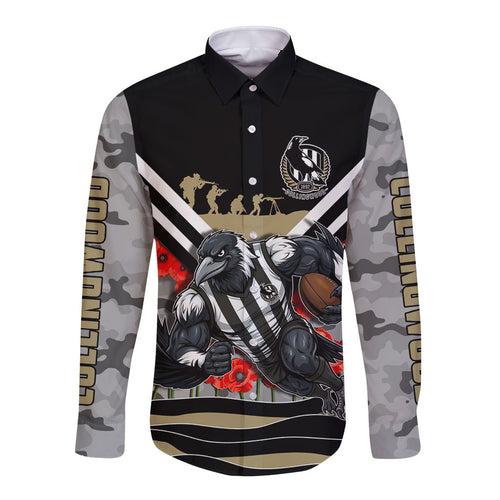 Personalised Collingwood Magpies ANZAC Long Sleeve Button Shirt Military Remembrance Australian Football Mascot Camouflage
