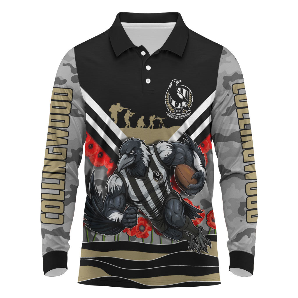 Personalised Collingwood Magpies ANZAC Long Sleeve Polo Shirt Military Remembrance Australian Football Mascot Camouflage