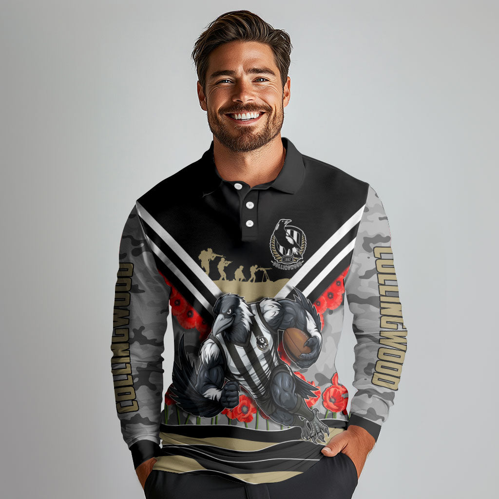 Personalised Collingwood Magpies ANZAC Long Sleeve Polo Shirt Military Remembrance Australian Football Mascot Camouflage