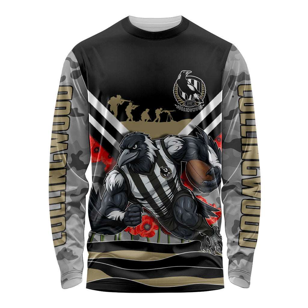 Personalised Collingwood Magpies ANZAC Long Sleeve Shirt Military Remembrance Australian Football Mascot Camouflage