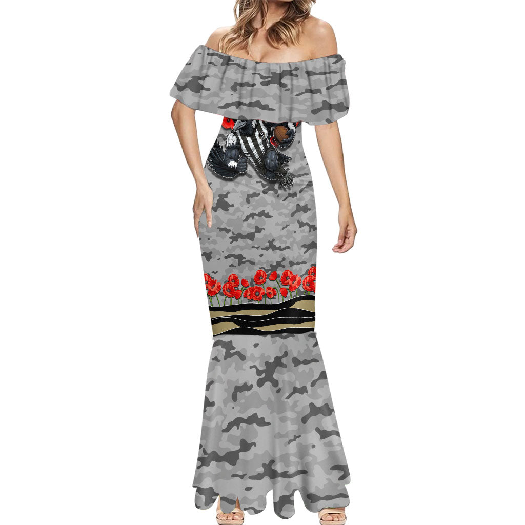 Personalised Collingwood Magpies ANZAC Mermaid Dress Military Remembrance Australian Football Mascot Camouflage