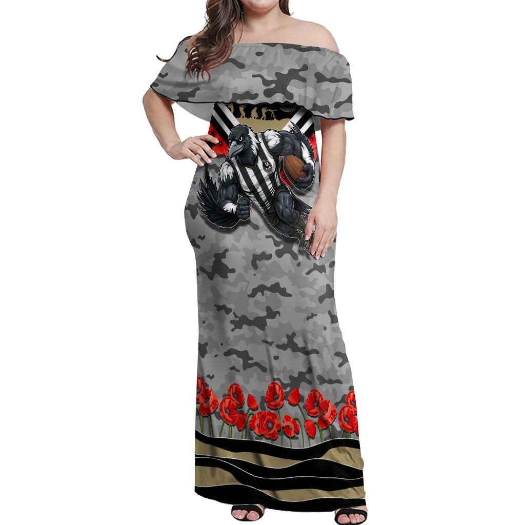 Personalised Collingwood Magpies ANZAC Off Shoulder Maxi Dress Military Remembrance Australian Football Mascot Camouflage