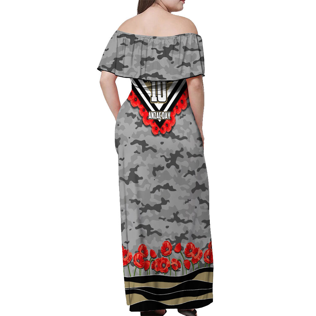 Personalised Collingwood Magpies ANZAC Off Shoulder Maxi Dress Military Remembrance Australian Football Mascot Camouflage