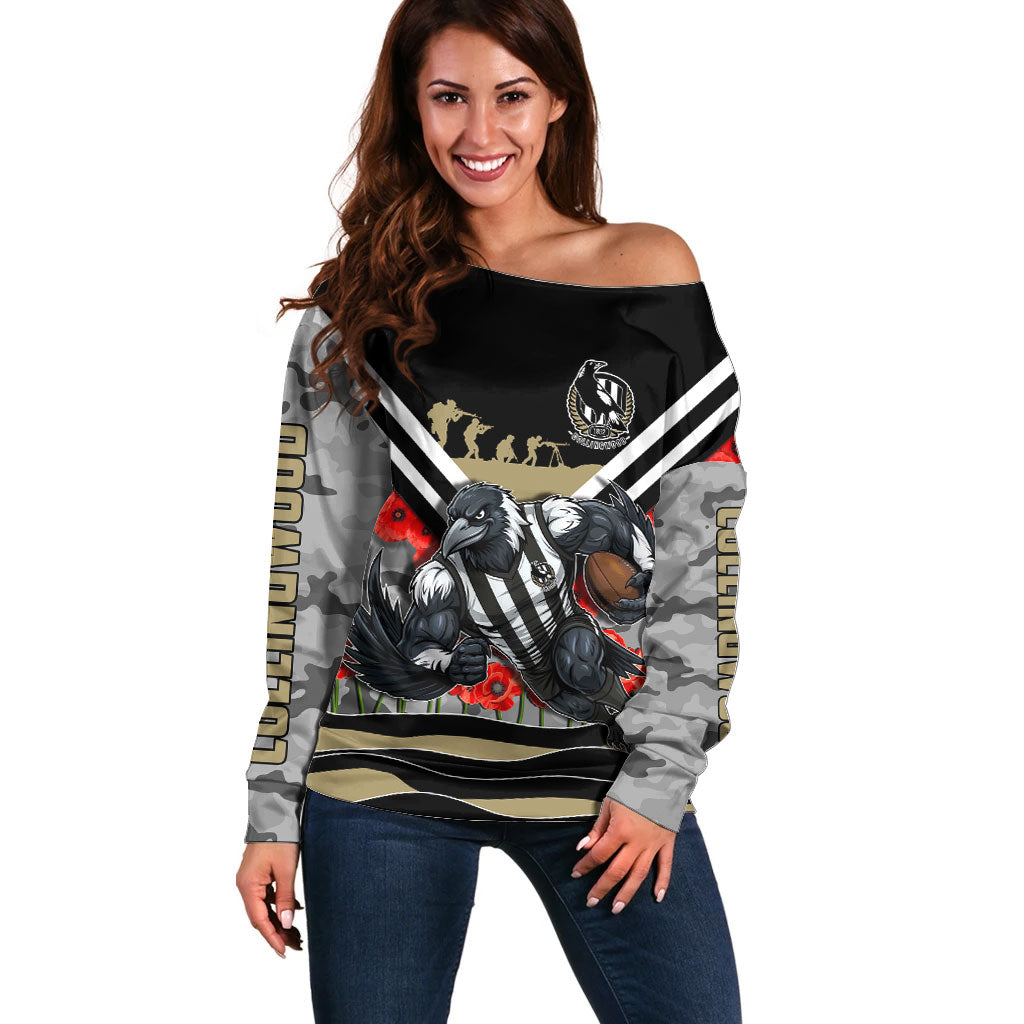 Personalised Collingwood Magpies ANZAC Off Shoulder Sweater Military Remembrance Australian Football Mascot Camouflage