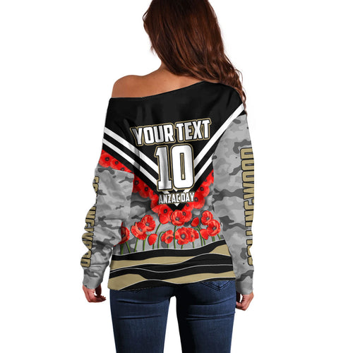 Personalised Collingwood Magpies ANZAC Off Shoulder Sweater Military Remembrance Australian Football Mascot Camouflage