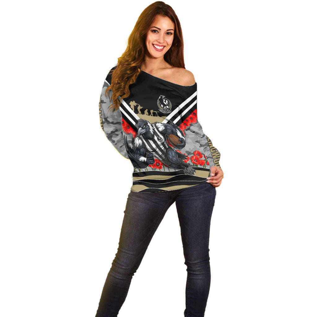 Personalised Collingwood Magpies ANZAC Off Shoulder Sweater Military Remembrance Australian Football Mascot Camouflage