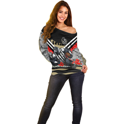 Personalised Collingwood Magpies ANZAC Off Shoulder Sweater Military Remembrance Australian Football Mascot Camouflage