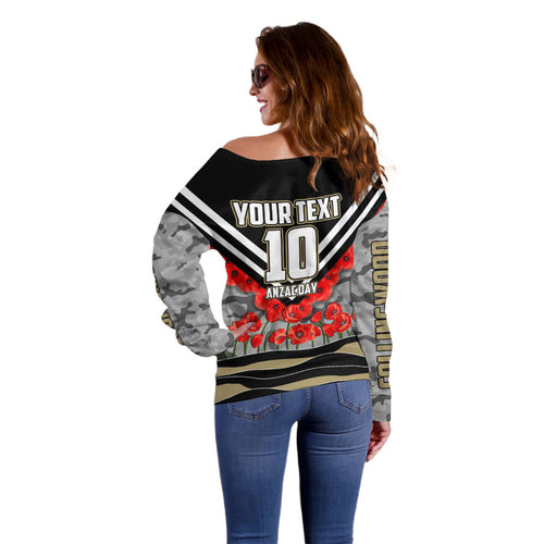 Personalised Collingwood Magpies ANZAC Off Shoulder Sweater Military Remembrance Australian Football Mascot Camouflage
