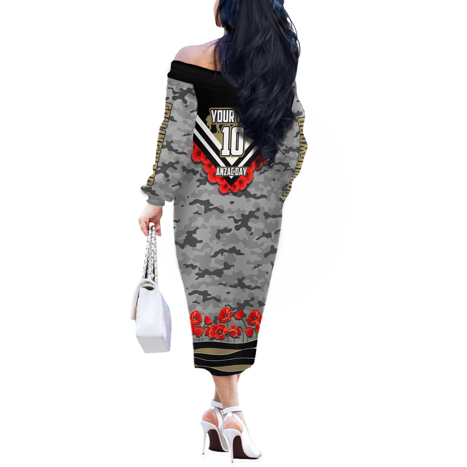 Personalised Collingwood Magpies ANZAC Off The Shoulder Long Sleeve Dress Military Remembrance Australian Football Mascot Camouflage