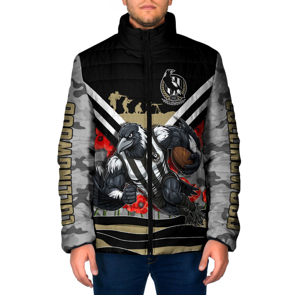 Personalised Collingwood Magpies ANZAC Padded Jacket Military Remembrance Australian Football Mascot Camouflage