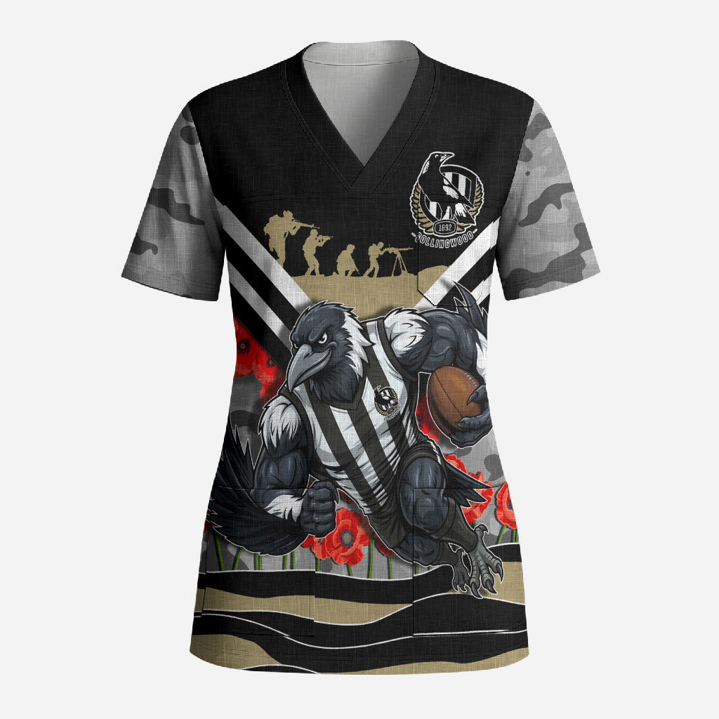 Personalised Collingwood Magpies ANZAC Scrub Top Military Remembrance Australian Football Mascot Camouflage