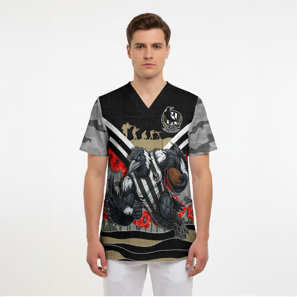 Personalised Collingwood Magpies ANZAC Scrub Top Military Remembrance Australian Football Mascot Camouflage
