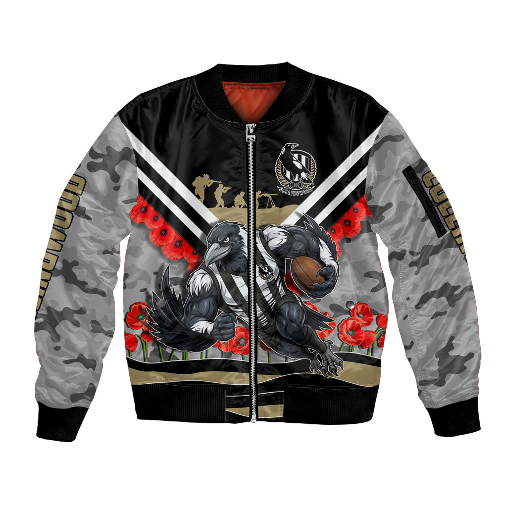 Personalised Collingwood Magpies ANZAC Sleeve Zip Bomber Jacket Military Remembrance Australian Football Mascot Camouflage