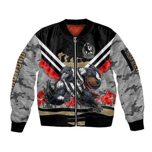 Personalised Collingwood Magpies ANZAC Sleeve Zip Bomber Jacket Military Remembrance Australian Football Mascot Camouflage