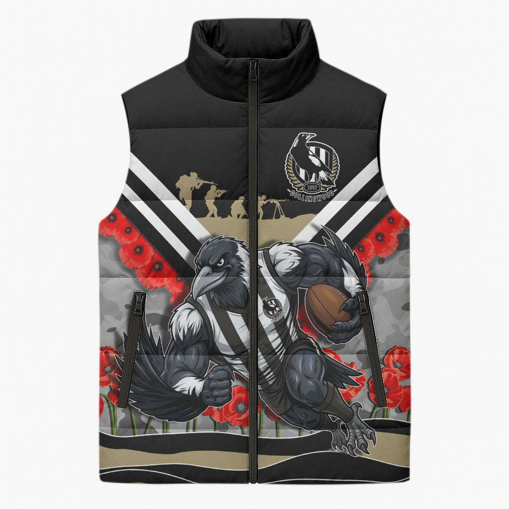 Personalised Collingwood Magpies ANZAC Sleeveless Puffer Jacket Military Remembrance Australian Football Mascot Camouflage