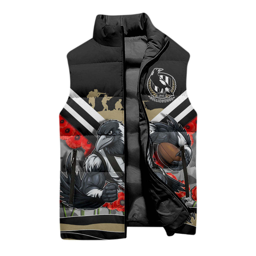 Personalised Collingwood Magpies ANZAC Sleeveless Puffer Jacket Military Remembrance Australian Football Mascot Camouflage