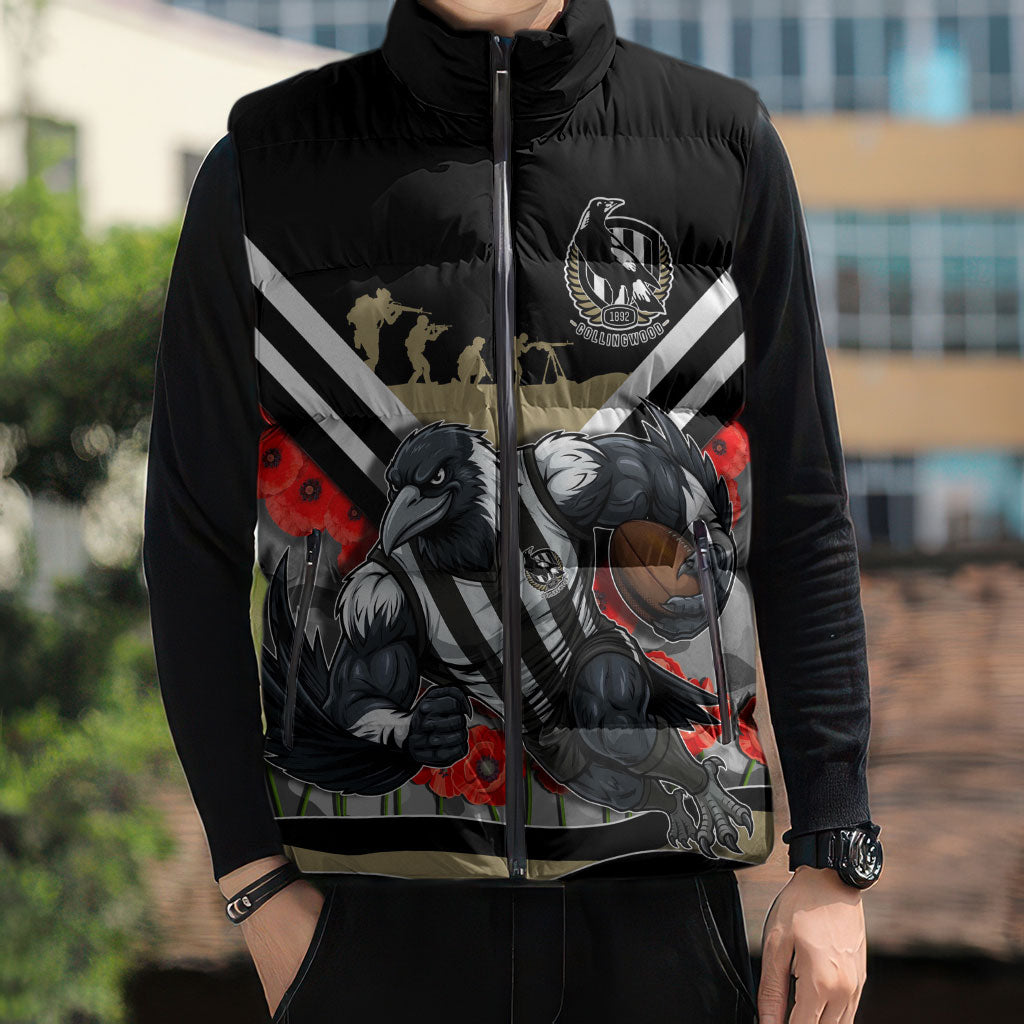 Personalised Collingwood Magpies ANZAC Sleeveless Puffer Jacket Military Remembrance Australian Football Mascot Camouflage