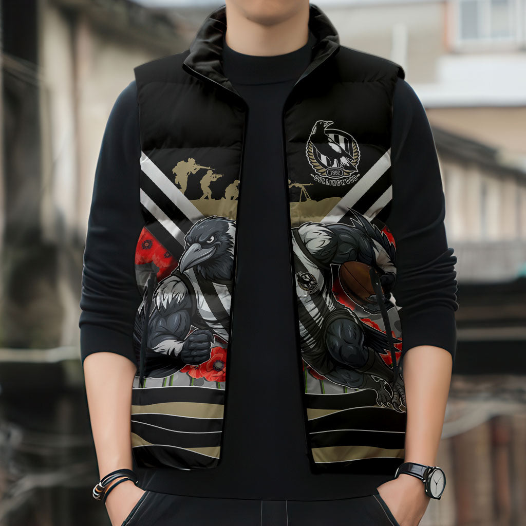 Personalised Collingwood Magpies ANZAC Sleeveless Puffer Jacket Military Remembrance Australian Football Mascot Camouflage