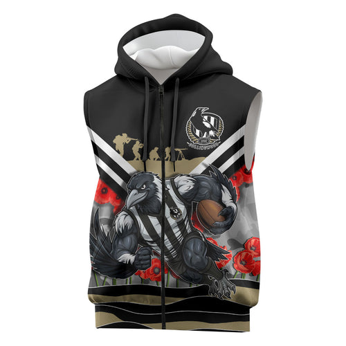 Personalised Collingwood Magpies ANZAC Sleeveless Zip Hoodie Military Remembrance Australian Football Mascot Camouflage