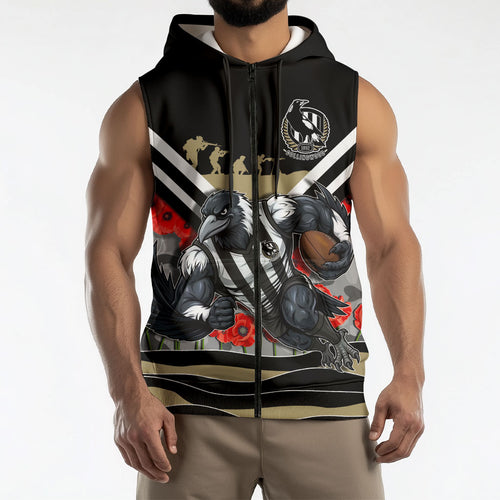 Personalised Collingwood Magpies ANZAC Sleeveless Zip Hoodie Military Remembrance Australian Football Mascot Camouflage