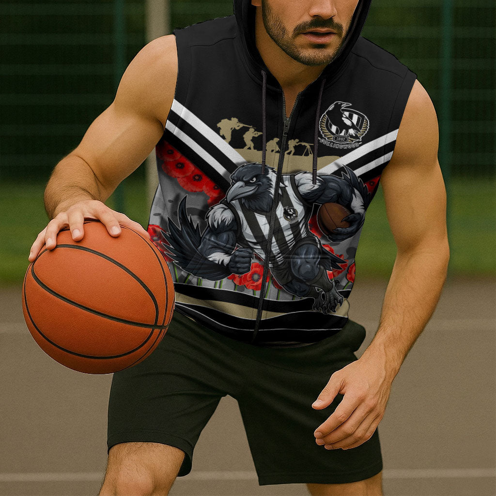 Personalised Collingwood Magpies ANZAC Sleeveless Zip Hoodie Military Remembrance Australian Football Mascot Camouflage