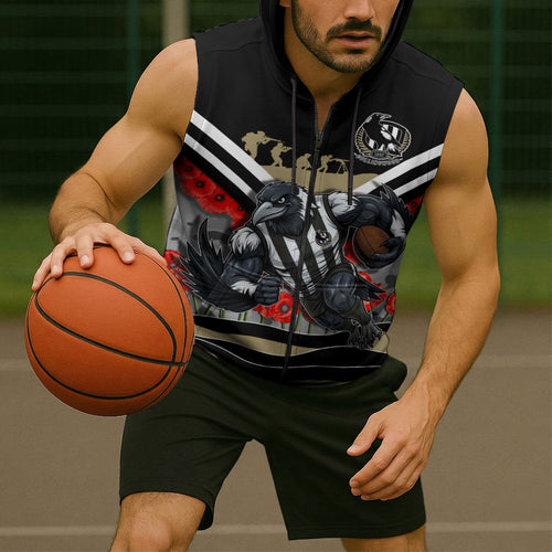 Personalised Collingwood Magpies ANZAC Sleeveless Zip Hoodie Military Remembrance Australian Football Mascot Camouflage