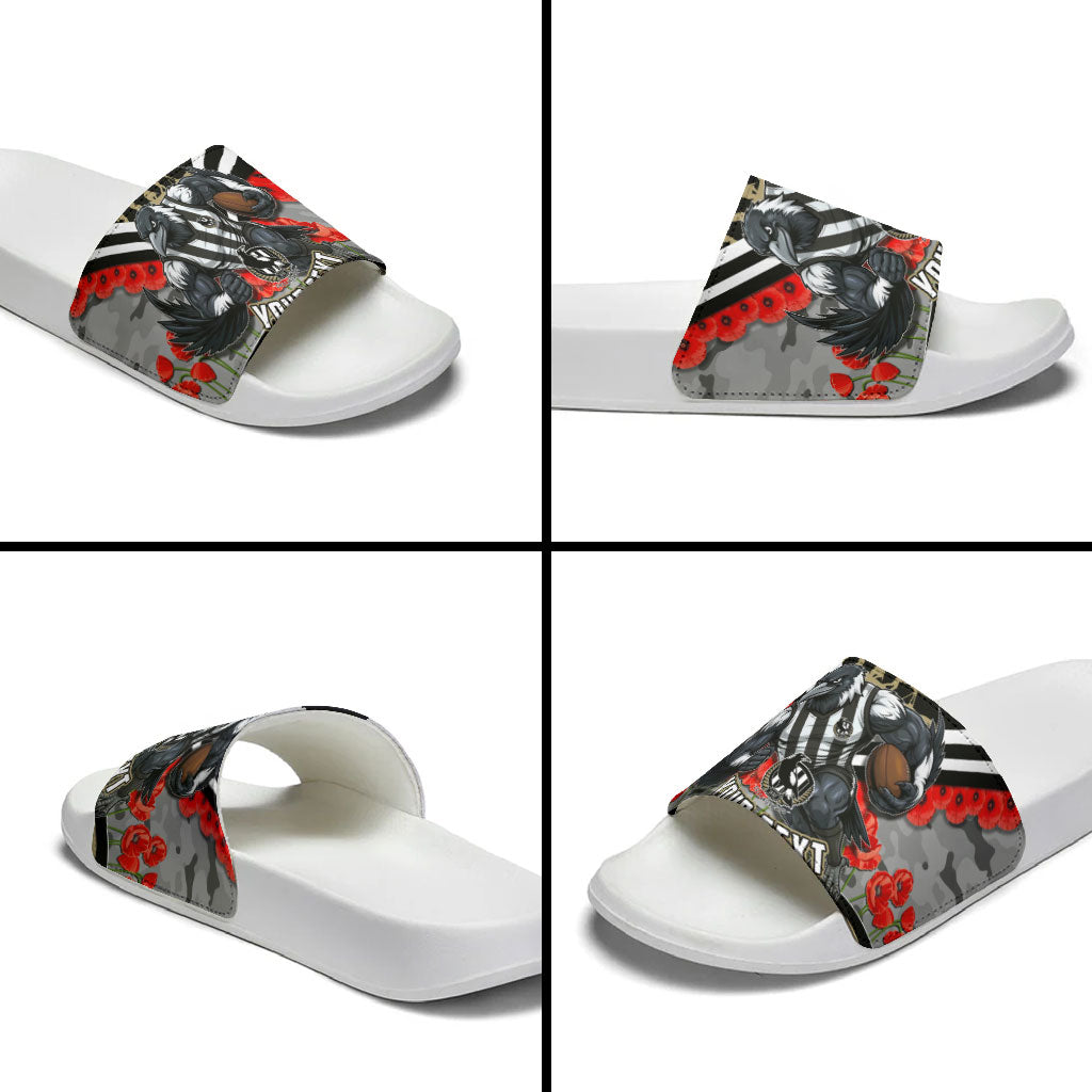 Personalised Collingwood Magpies ANZAC Slide Sandals Military Remembrance Australian Football Mascot Camouflage