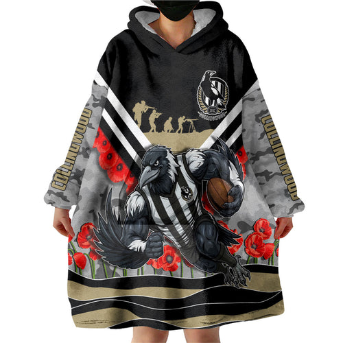 Personalised Collingwood Magpies ANZAC Wearable Blanket Hoodie Military Remembrance Australian Football Mascot Camouflage