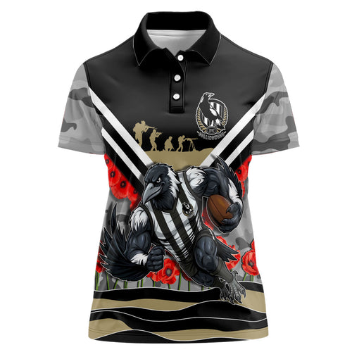 Personalised Collingwood Magpies ANZAC Women Polo Shirt Military Remembrance Australian Football Mascot Camouflage