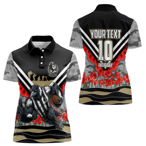 Personalised Collingwood Magpies ANZAC Women Polo Shirt Military Remembrance Australian Football Mascot Camouflage