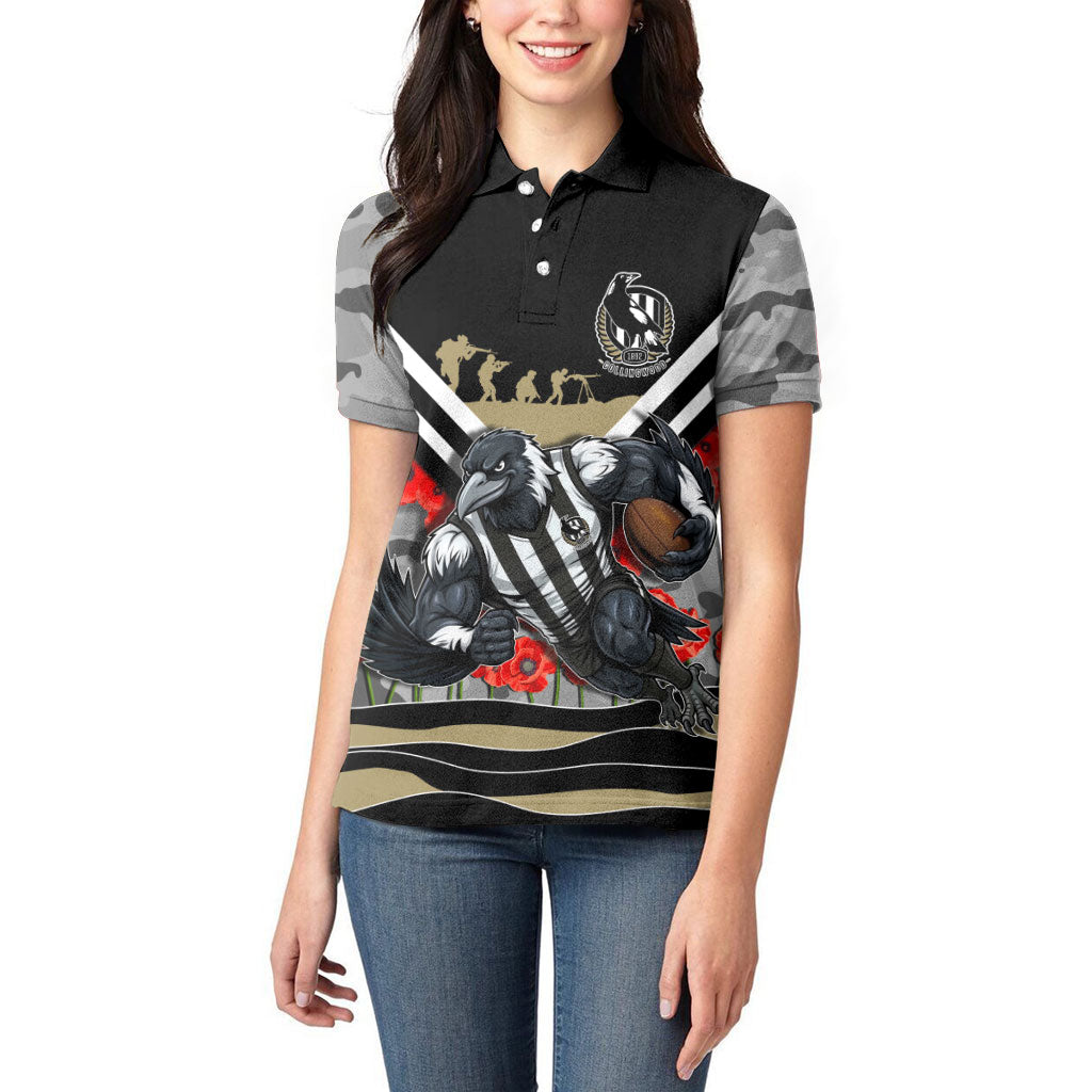 Personalised Collingwood Magpies ANZAC Women Polo Shirt Military Remembrance Australian Football Mascot Camouflage
