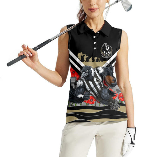 Personalised Collingwood Magpies ANZAC Women Sleeveless Polo Shirt Military Remembrance Australian Football Mascot Camouflage