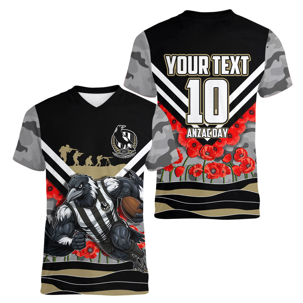 Personalised Collingwood Magpies ANZAC Women V-Neck T-Shirt Military Remembrance Australian Football Mascot Camouflage
