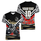 Personalised Collingwood Magpies ANZAC Women V-Neck T-Shirt Military Remembrance Australian Football Mascot Camouflage