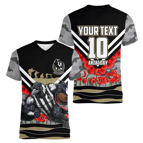 Personalised Collingwood Magpies ANZAC Women V-Neck T-Shirt Military Remembrance Australian Football Mascot Camouflage