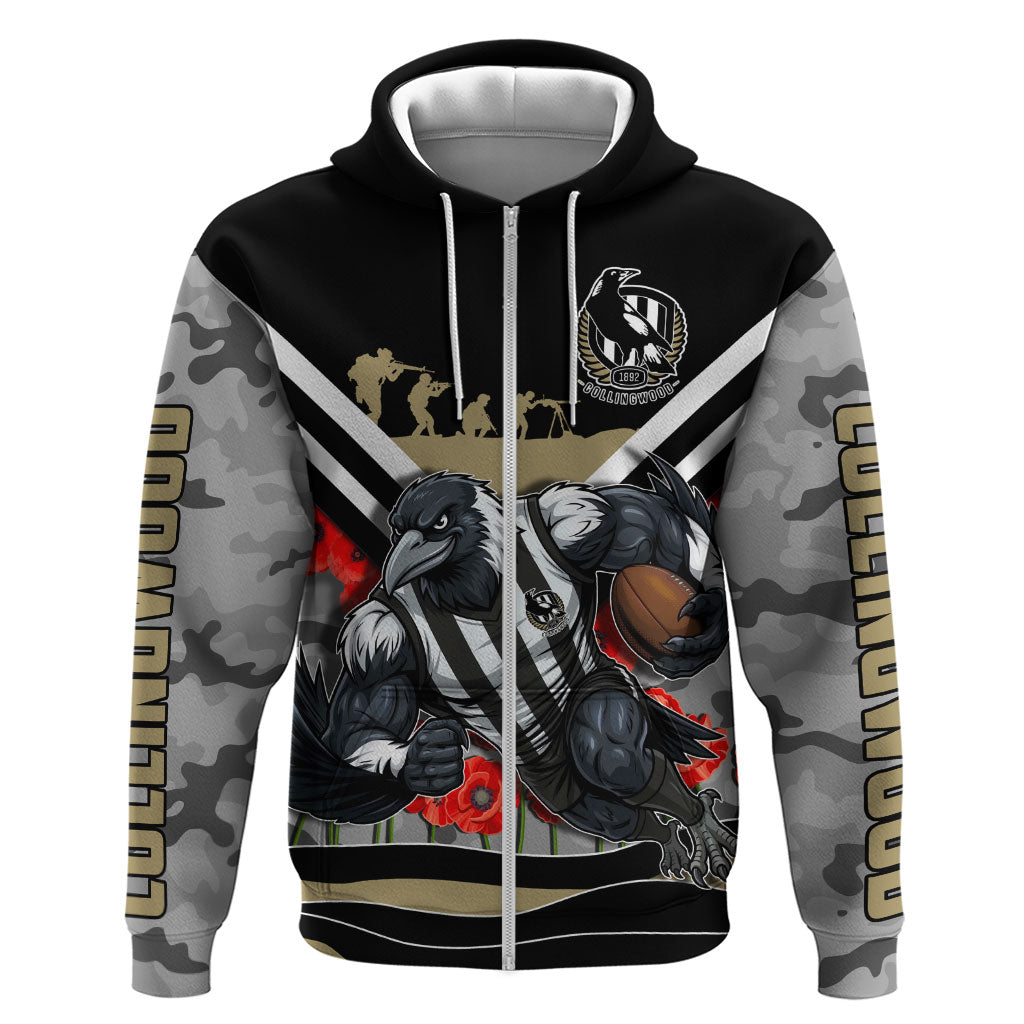 Personalised Collingwood Magpies ANZAC Zip Hoodie Military Remembrance Australian Football Mascot Camouflage