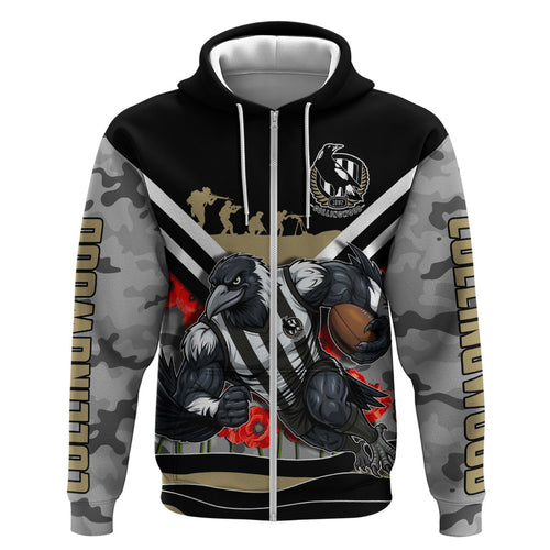 Personalised Collingwood Magpies ANZAC Zip Hoodie Military Remembrance Australian Football Mascot Camouflage
