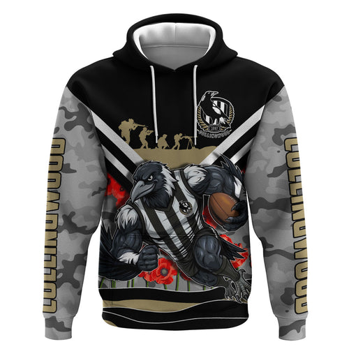Personalised Collingwood Magpies ANZAC Zip Hoodie Military Remembrance Australian Football Mascot Camouflage