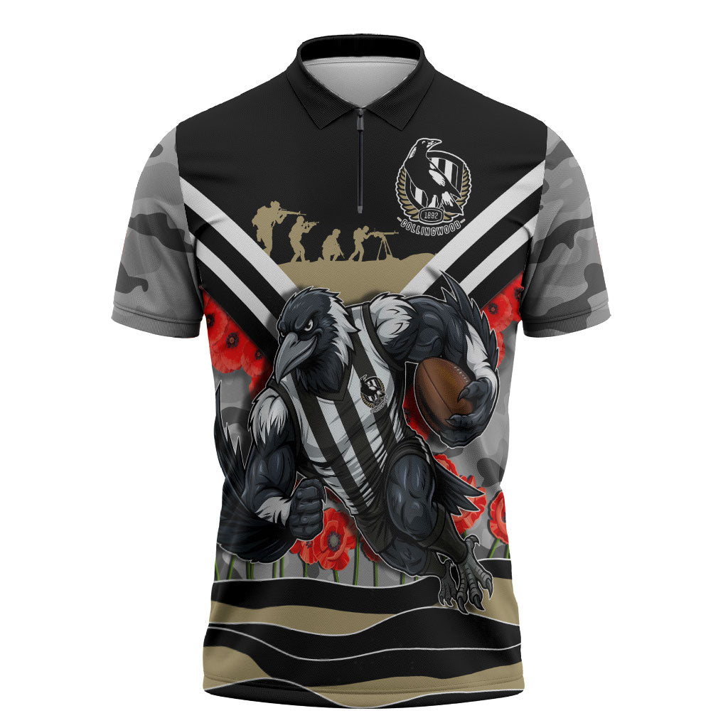 Personalised Collingwood Magpies ANZAC Zipper Polo Shirt Military Remembrance Australian Football Mascot Camouflage