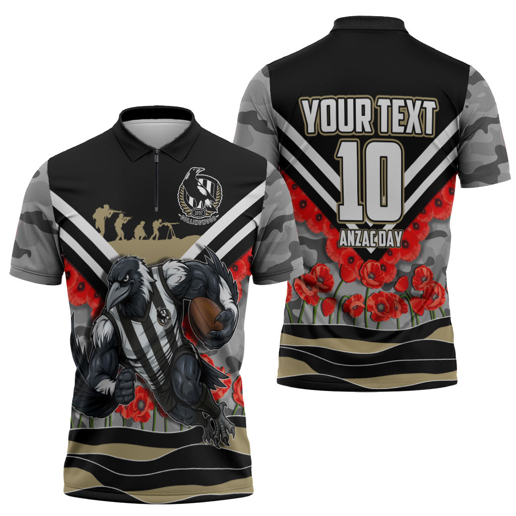 Personalised Collingwood Magpies ANZAC Zipper Polo Shirt Military Remembrance Australian Football Mascot Camouflage