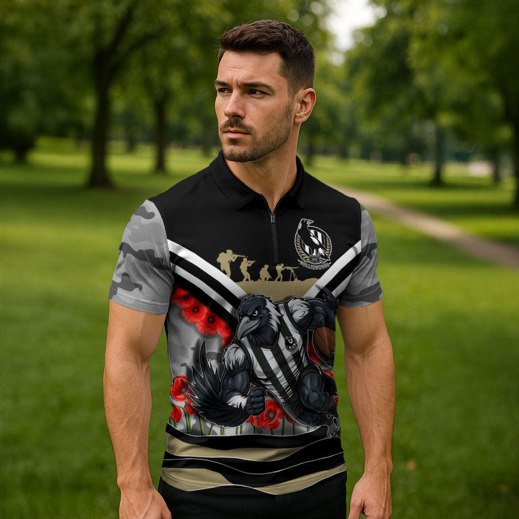 Personalised Collingwood Magpies ANZAC Zipper Polo Shirt Military Remembrance Australian Football Mascot Camouflage