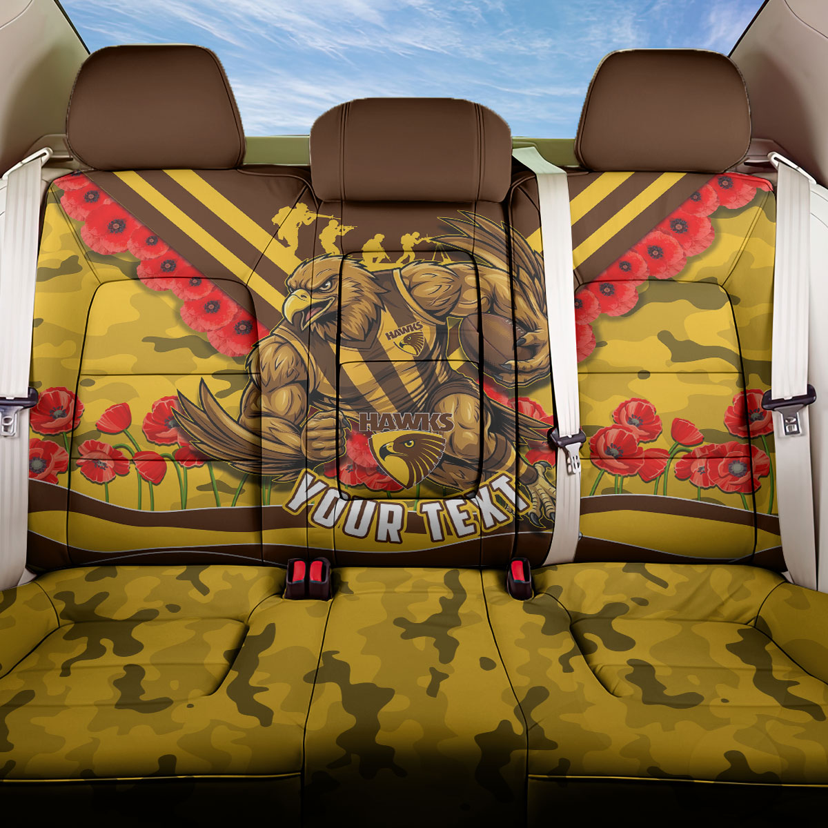 Personalised Hawthorn Hawks ANZAC Back Car Seat Cover Military Remembrance Australian Football Mascot Camouflage