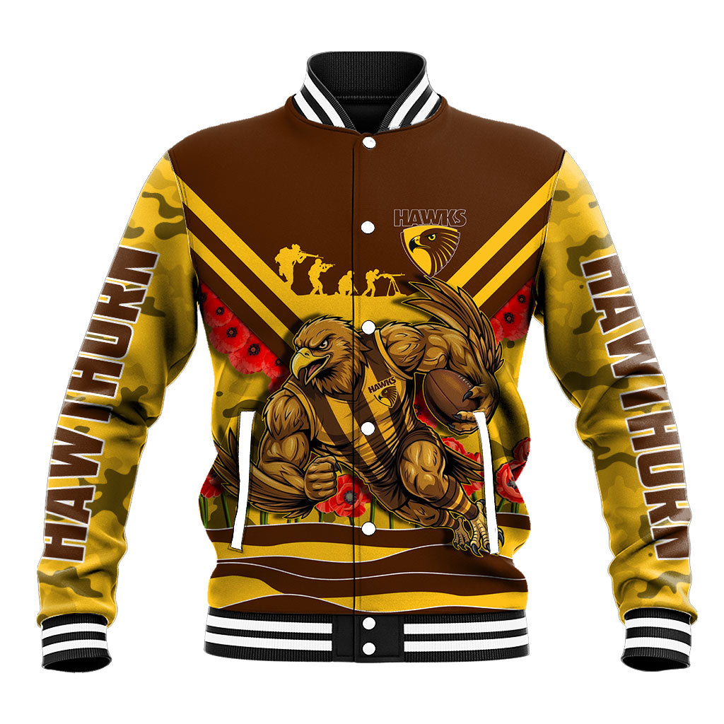 Personalised Hawthorn Hawks ANZAC Baseball Jacket Military Remembrance Australian Football Mascot Camouflage