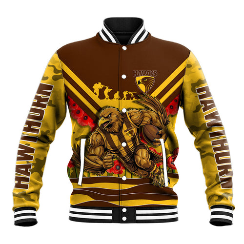 Personalised Hawthorn Hawks ANZAC Baseball Jacket Military Remembrance Australian Football Mascot Camouflage