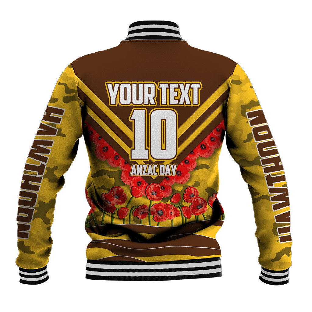 Personalised Hawthorn Hawks ANZAC Baseball Jacket Military Remembrance Australian Football Mascot Camouflage