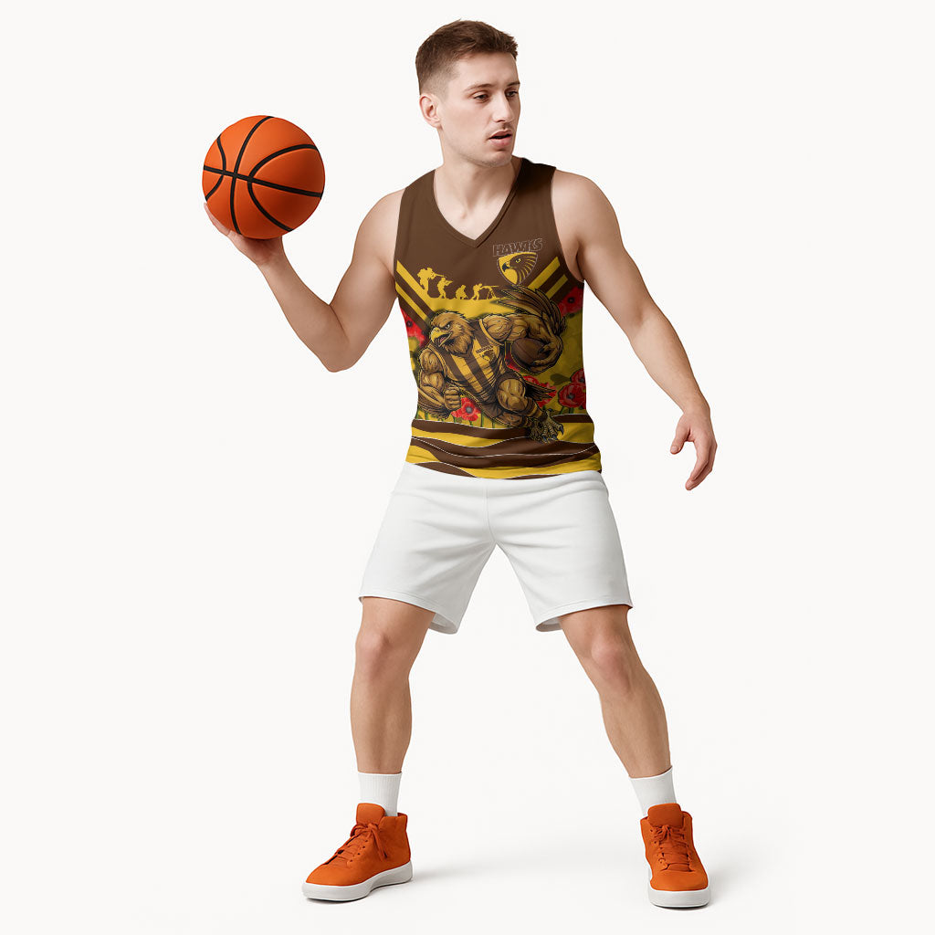Personalised Hawthorn Hawks ANZAC Basketball Jersey Military Remembrance Australian Football Mascot Camouflage