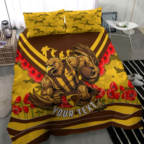 Personalised Hawthorn Hawks ANZAC Bedding Set Military Remembrance Australian Football Mascot Camouflage