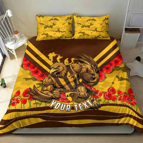 Personalised Hawthorn Hawks ANZAC Bedding Set Military Remembrance Australian Football Mascot Camouflage