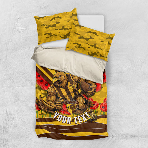 Personalised Hawthorn Hawks ANZAC Bedding Set Military Remembrance Australian Football Mascot Camouflage